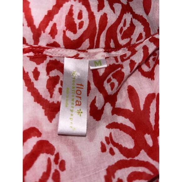 FLORA Rock Flower Paper Sz MEDIUM Red White Ikat Print Top Tunic 100% Cotton EUC - Picture 10 of 13